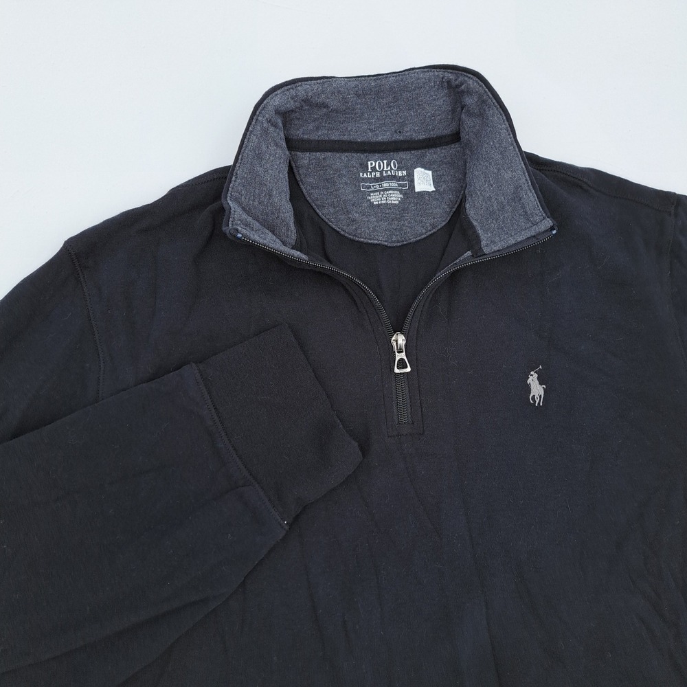 Polo Ralph Lauren 1/4 Zip Pullover Mens Large Cotton Viscose Black Solid Logo - Picture 1 of 9